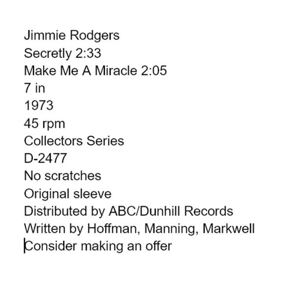 Jimmie Rodgers Secretly Make Me A Miracle Vinyl 1973 Goldies 45 Collector Series - Picture 2 of 8